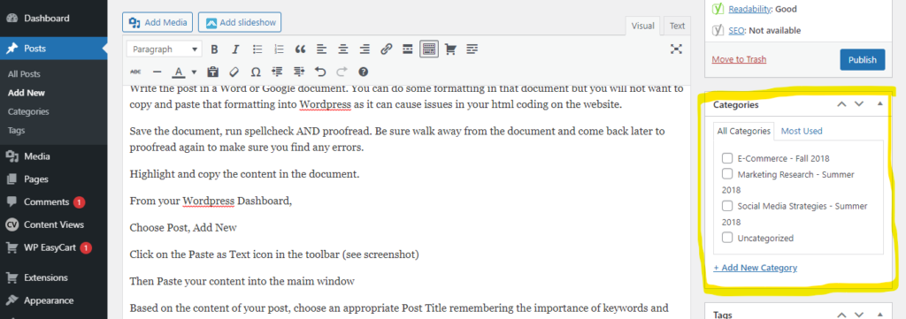screenshot showing how to add a post to a category in wordpress